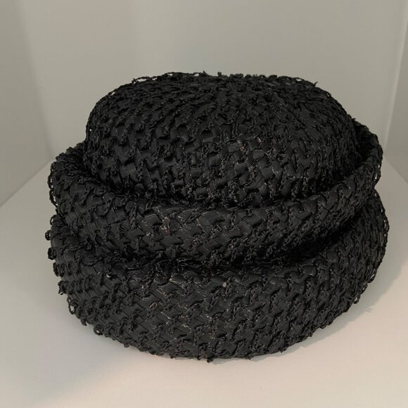 Vintage Piko Montreal New York Black Woven Straw Hat With Velvet Bow Accent Wome - Picture 11 of 14
